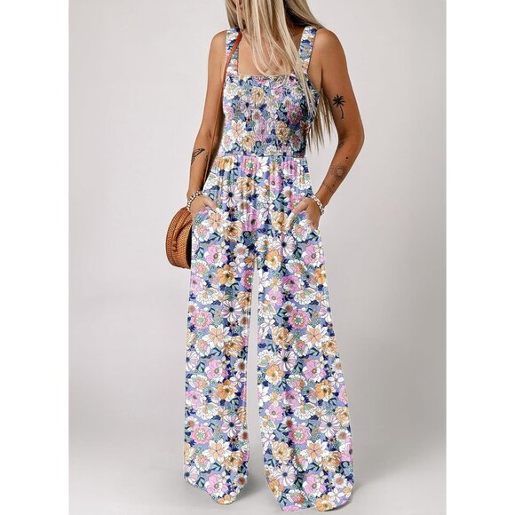 Muted Floral Pattern Smocked Top Sleeveless Jumpsuit Pink Purple - Picture 2 of 3